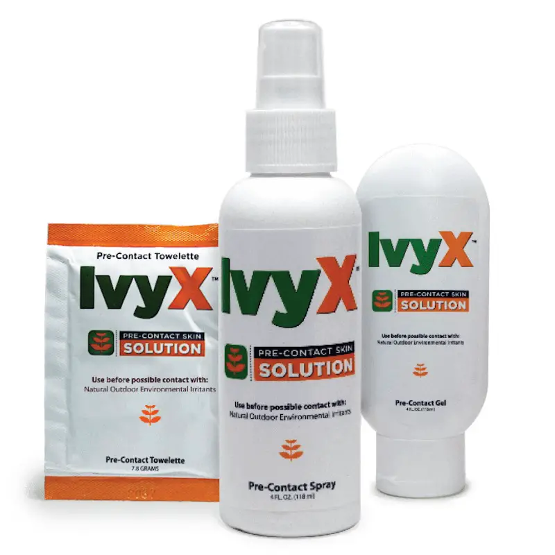 IvyX® Pre-Contact Skin Solution products. Shown are the pre-contact towelettes, spray, and gel. These products are to prevent environmental irritant exposures