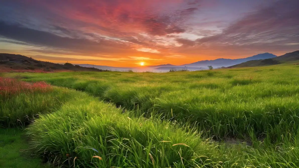 A vibrant landscape of wild grasses with the sun setting in the background.
