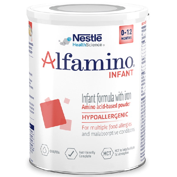 A can of Nestle HealthScience® Alfamino Infant formula with iron. This formula is an amino acid-based (AAF) formula. The label states this formula is hypoallergenic and used for multiple food allergies and malabsorptive conditions.