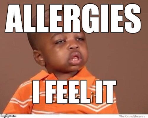 allergies meme of a boy with a stuffy face saying “allergies, I feel it” 