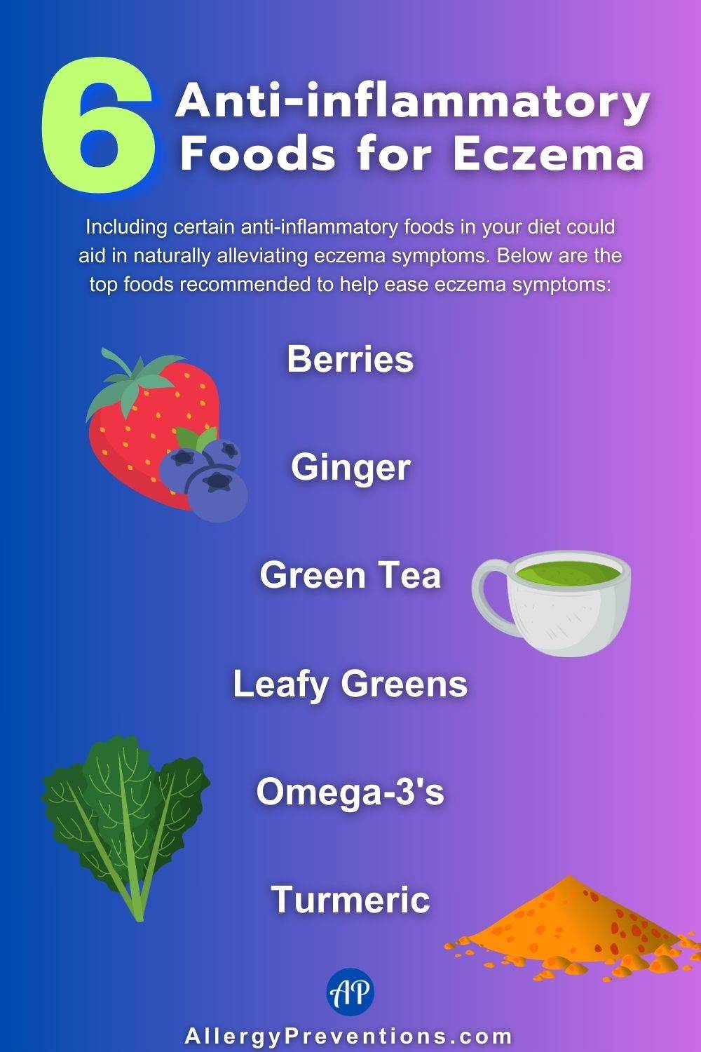 Anti-inflammatory Foods for Eczema Infographic. Including certain anti-inflammatory foods in your diet could aid in naturally alleviating eczema symptoms. Below are the top foods recommended to get rid of eczema symptoms: Berries, ginger, green tea, leafy greens, omega-3's, and turmeric.