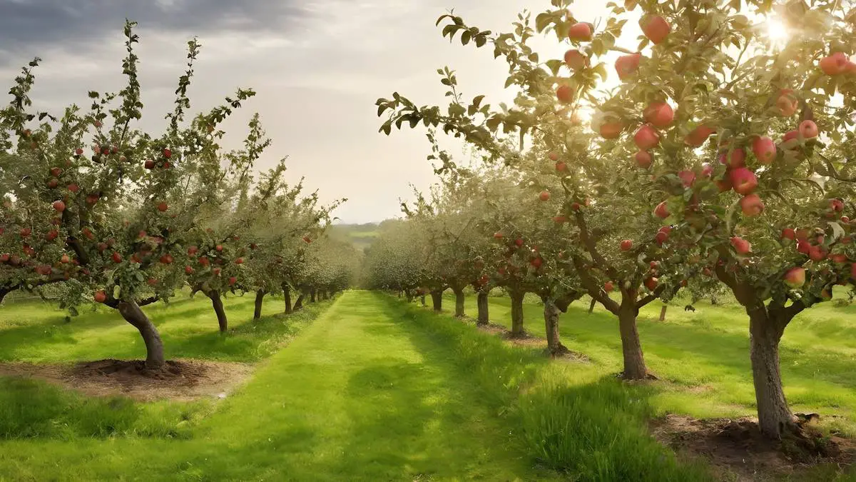 A scene of an apple orchard with green grass and rows of apple trees.