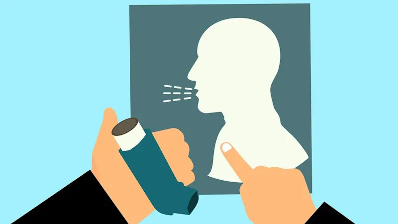 Cartoon pointing to a shadow of someone coughing and holding an inhaler.