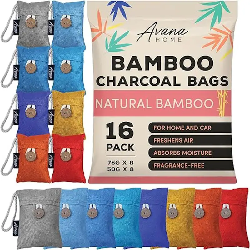 The packaging and contents of the Avana home Bamboo Charcoal Bags. Showing 8 large and 8 small sachets in multiple colors.
