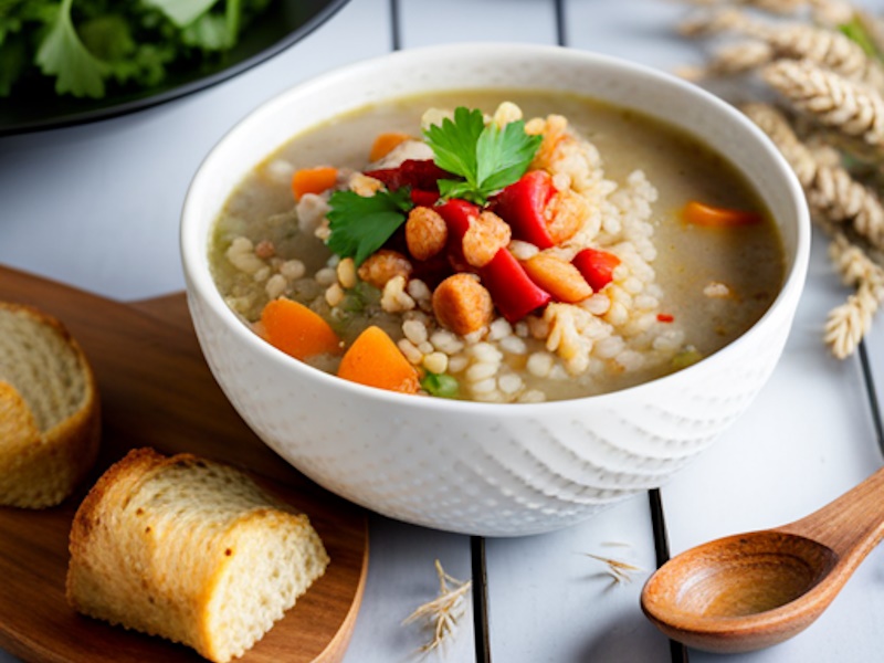 A bowl of barley soup with a wooden spoon and bread.