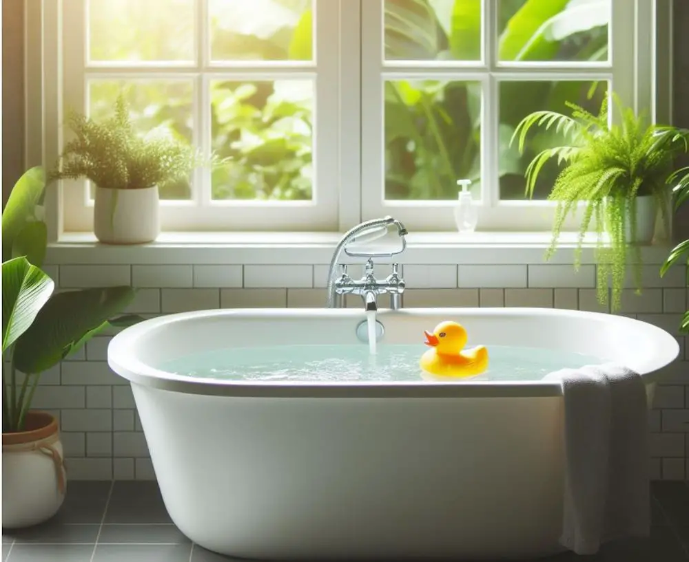 A full bathtub with a rubber duck floating on the surface.