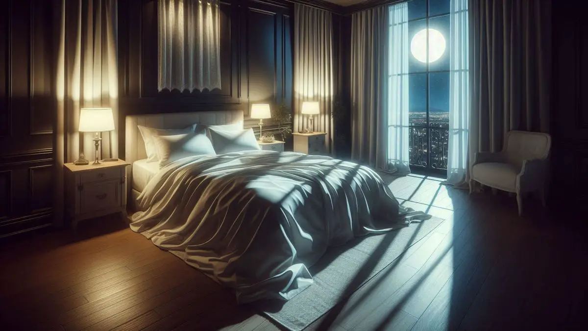 A bedroom at night with the moonlight shining onto the bed.