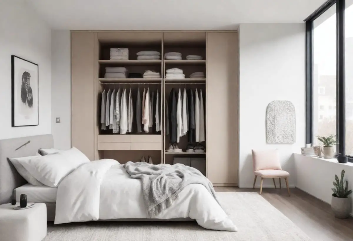 A bright bedroom that is neatly organized with clothes hanging in the closet.