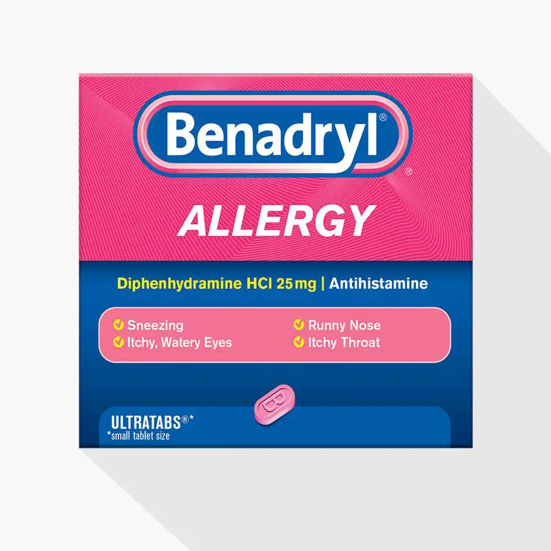 A pink box of Benadryl allergy pills 