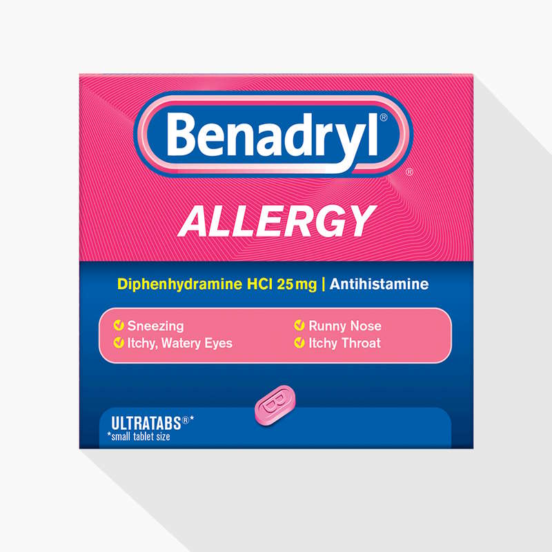 A pink box of Benadryl allergy pills 