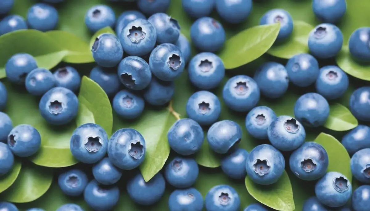 Picked blueberries resting in the leaves of a blueberry plant.