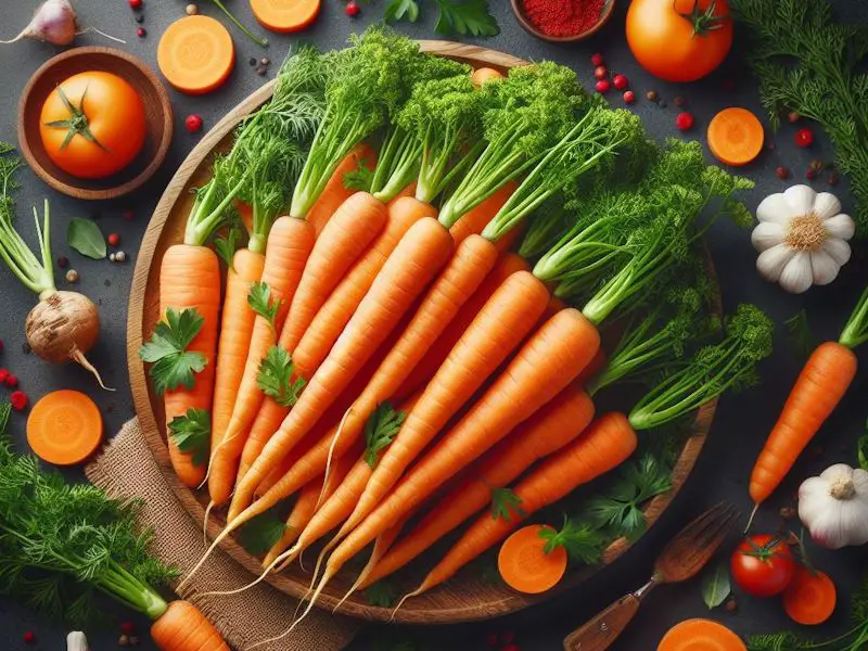 A wooden plate full of fresh orange carrots with green stems on top.