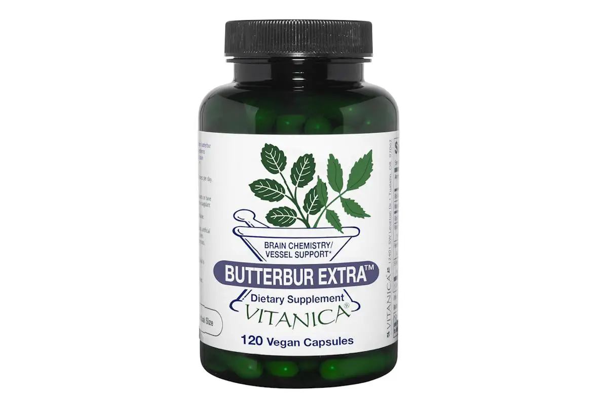 A bottle of Butterbur Extra supplements, which may be helpful for pollen allergies.