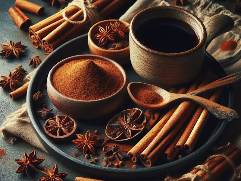 A variety of cinnamon: ground, sticks, and in a drink.