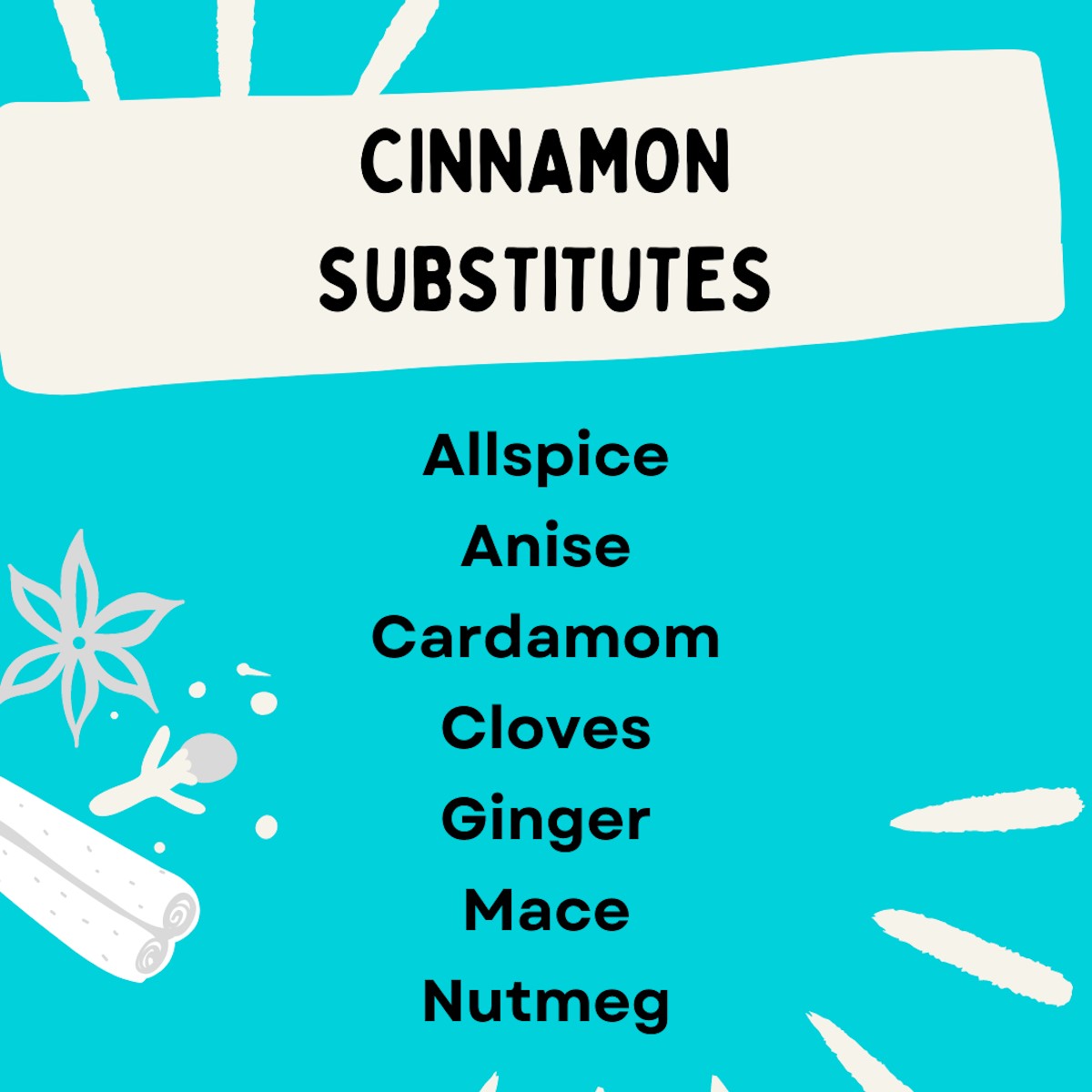 Cinnamon Substitutes infographic: Allspice, anise, cardamom, cloves, ginger, mace, and nutmeg are potential substitutes for cinnamon, especially with a cinnamon allergy.