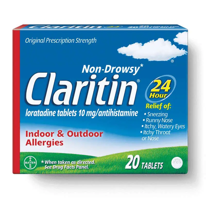 Box of Claritin indoor and outdoor allergy medication