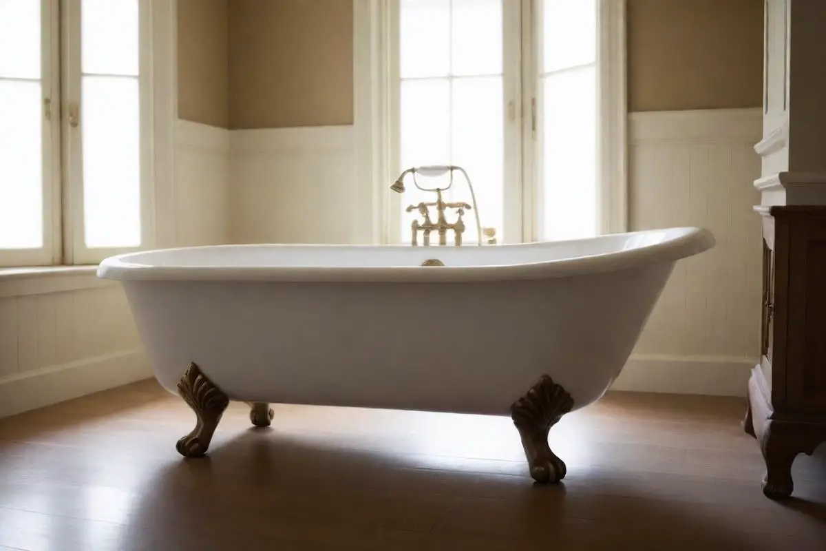 A clawfoot tub in a bathroom with a wood floor.