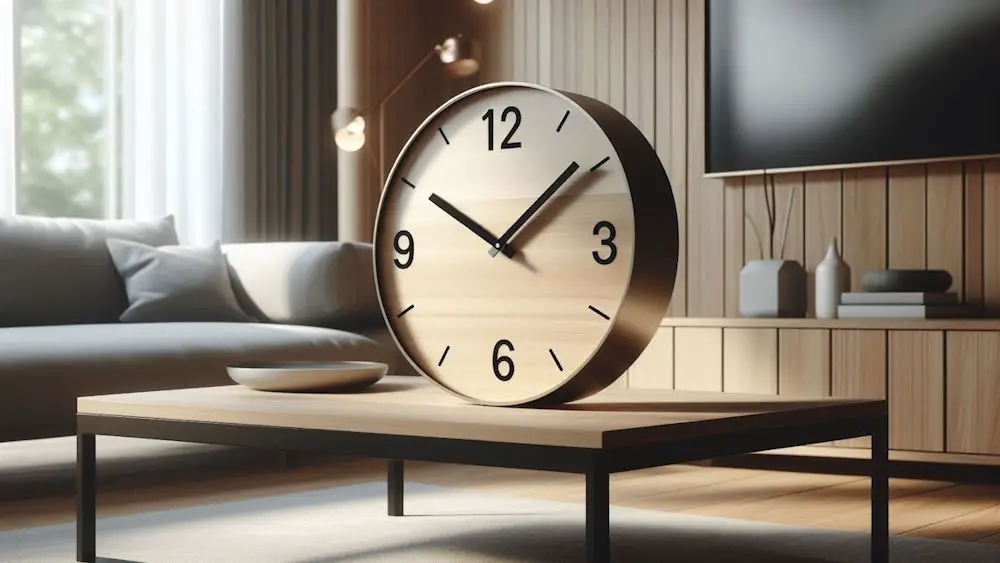 A large clock face on top of a coffee table, in a living room.