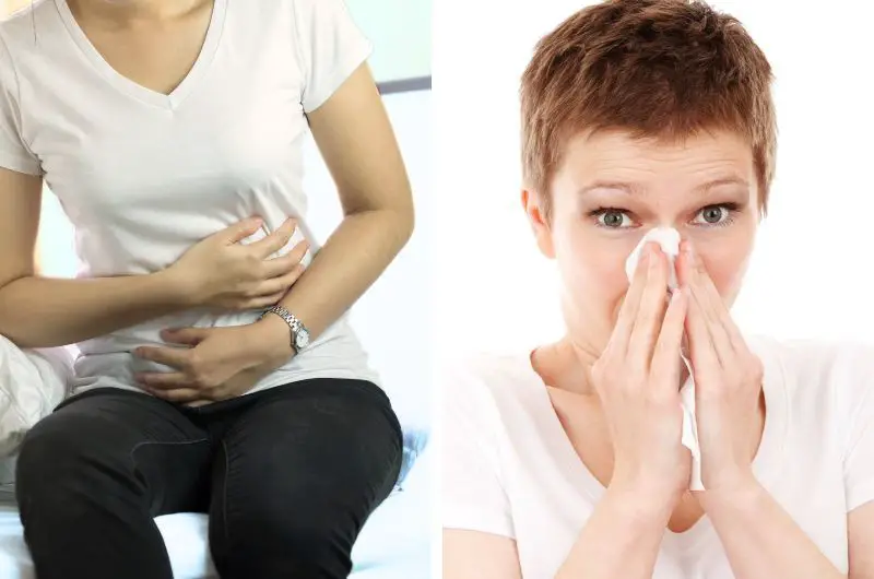 Two images, one of a woman holding her stomach and the other is of a woman blowing her nose.