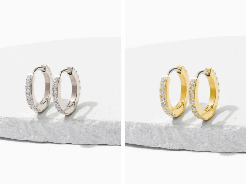 Date night hoop earrings made of titanium. Showing a pair of silver, and a pair of gold.