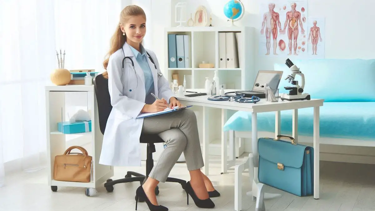 Doctor or nurse medical professional ready to give a diagnosis in her office.