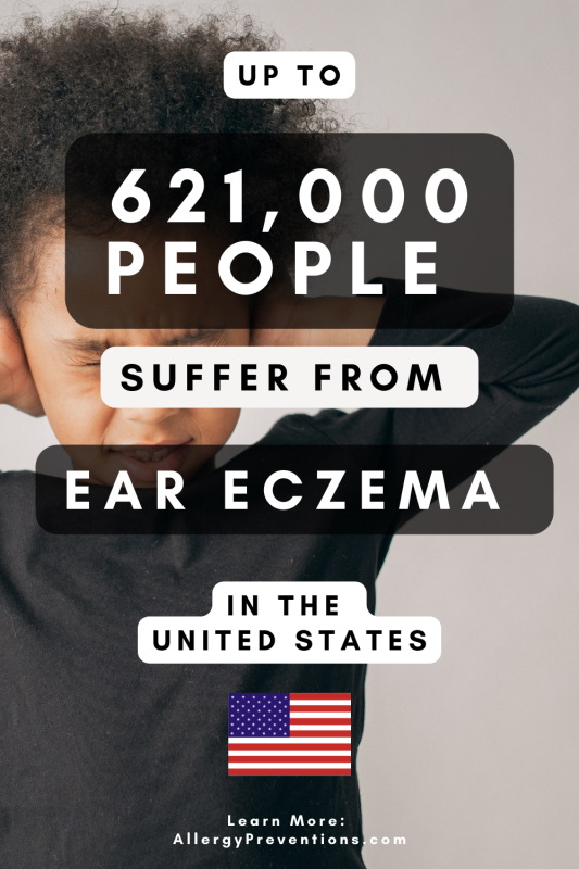 ear eczema fact infographic of a child holding their ears. Fact: Up to 621,000 people suffer from ear eczema in the United States