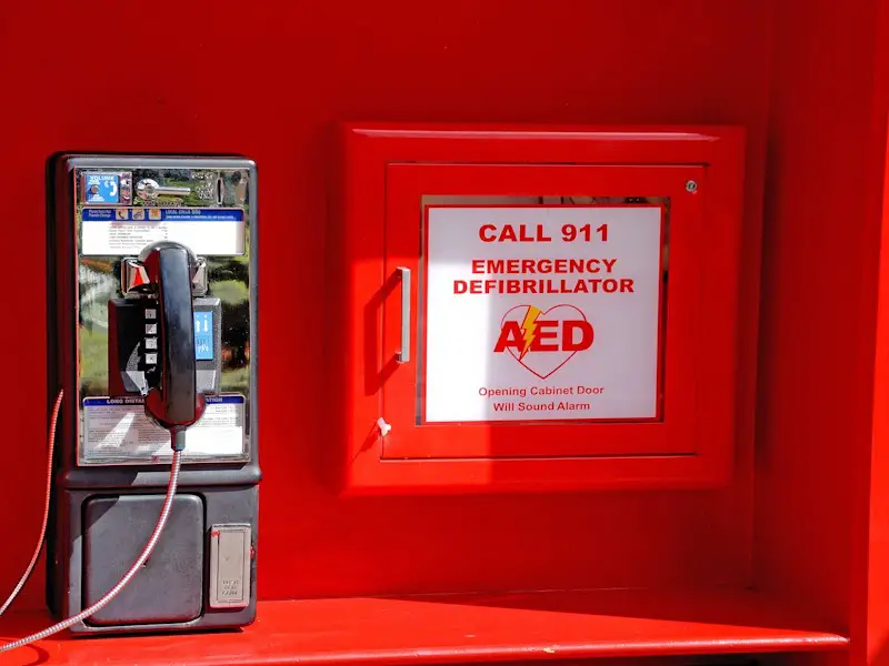 Outdoor emergency pay phone and emergency defibrillator AED.