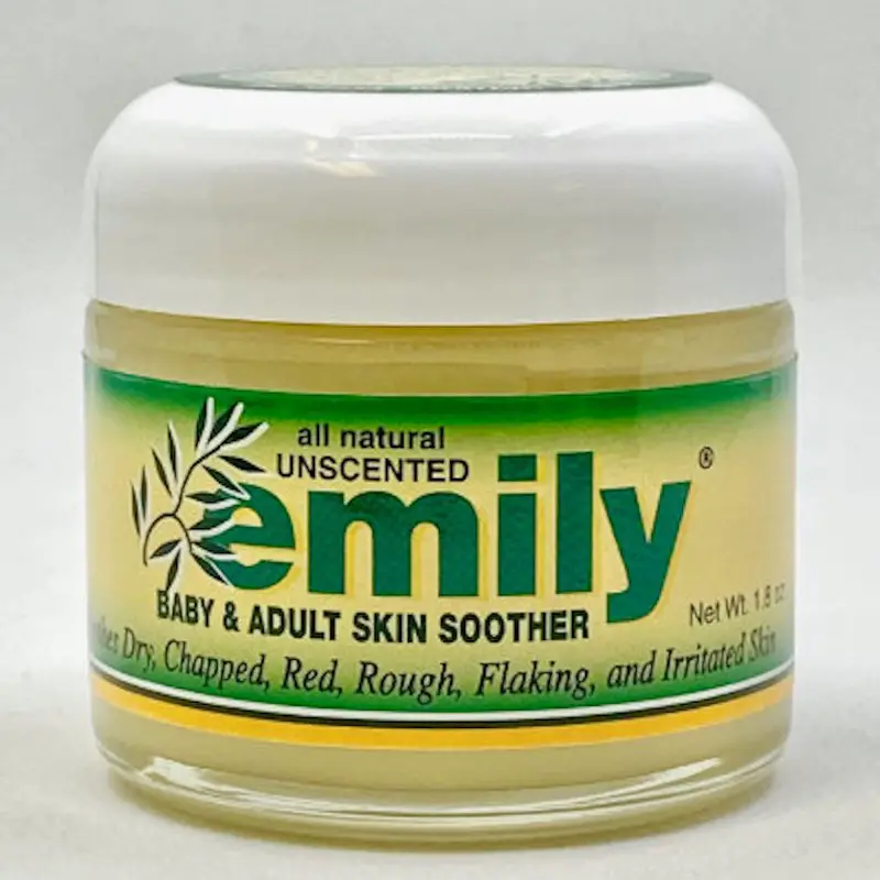 A jar of emily® all-natural-unscented, baby and adult skin soother cream for dry, irritated skin caused by conditions such as eczema, and spongiotic dermatitis.