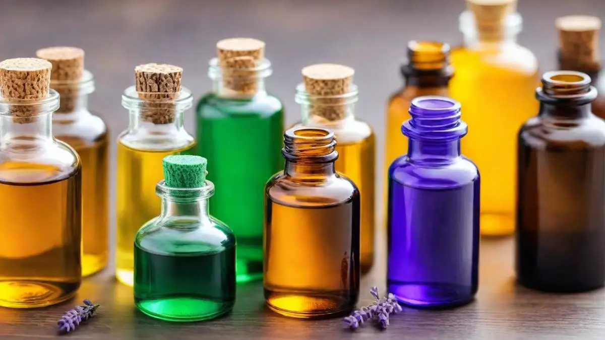 Multiple jars of essential oils in different colored glass bottles.