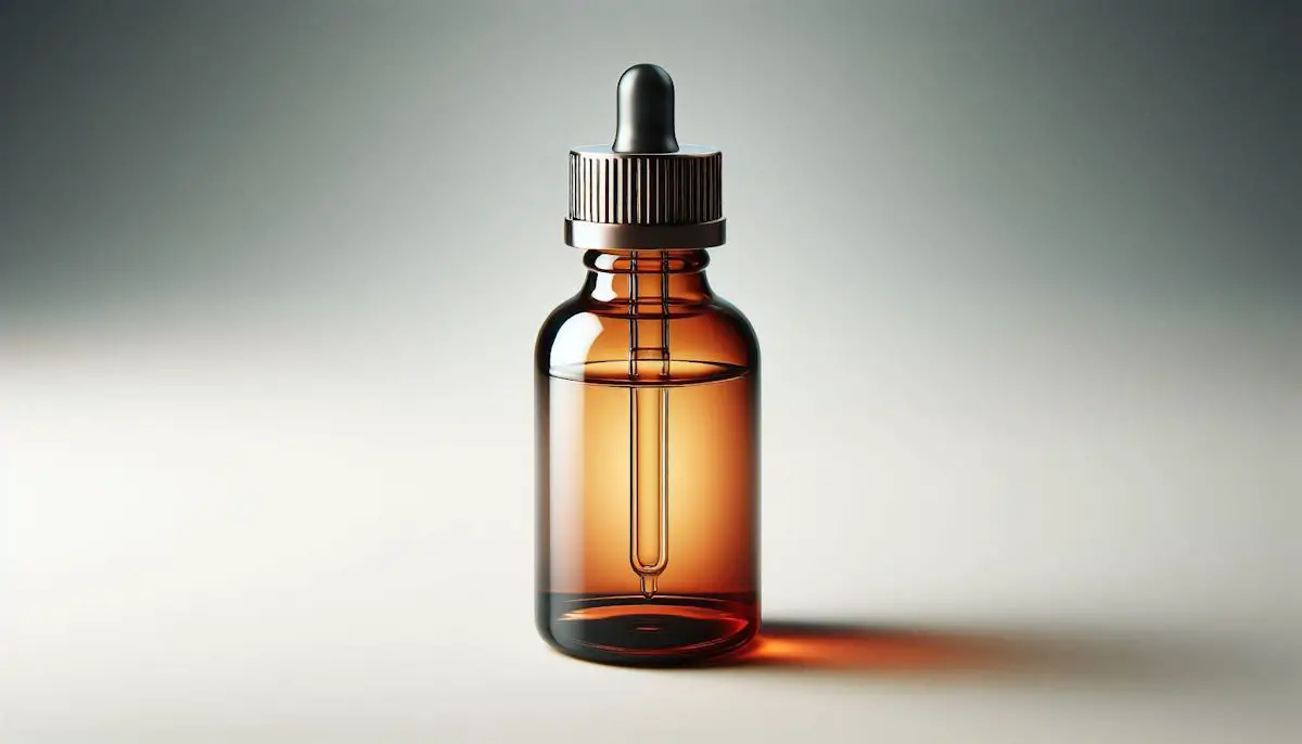 An essential oil dropper bottle made of brown glass with a gray background.