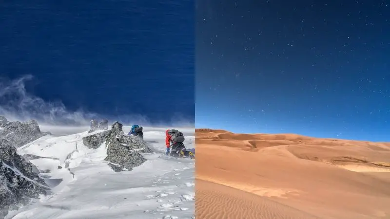 An image of a man climbing a mountain in blistering cold that is transitioning into an extremely dry desert.