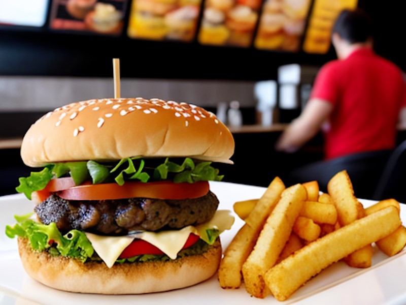 A fast food burger with lettuce, tomato, and cheese with a side of fries. You can see the fast food workers working in the background.