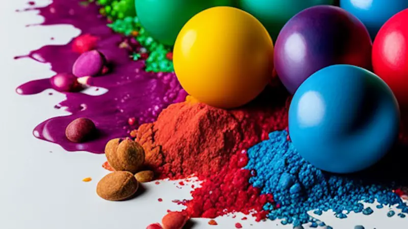 Vibrant colors of food additives and dyes in solid and powdered form.