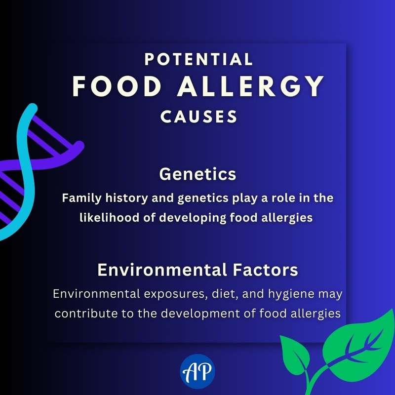 Potential food allergy causes infographic. Genetics: Family history and genetics play a role in the likelihood of developing food allergies. Environmental Factors: Environmental exposures, diet, and hygiene may contribute to the development of food allergies.