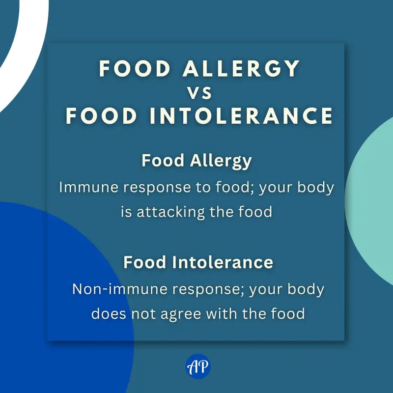 Food allergy versus food intolerance infographic. A food allergy is an immune response to food; food intolerance is a non-immune response.