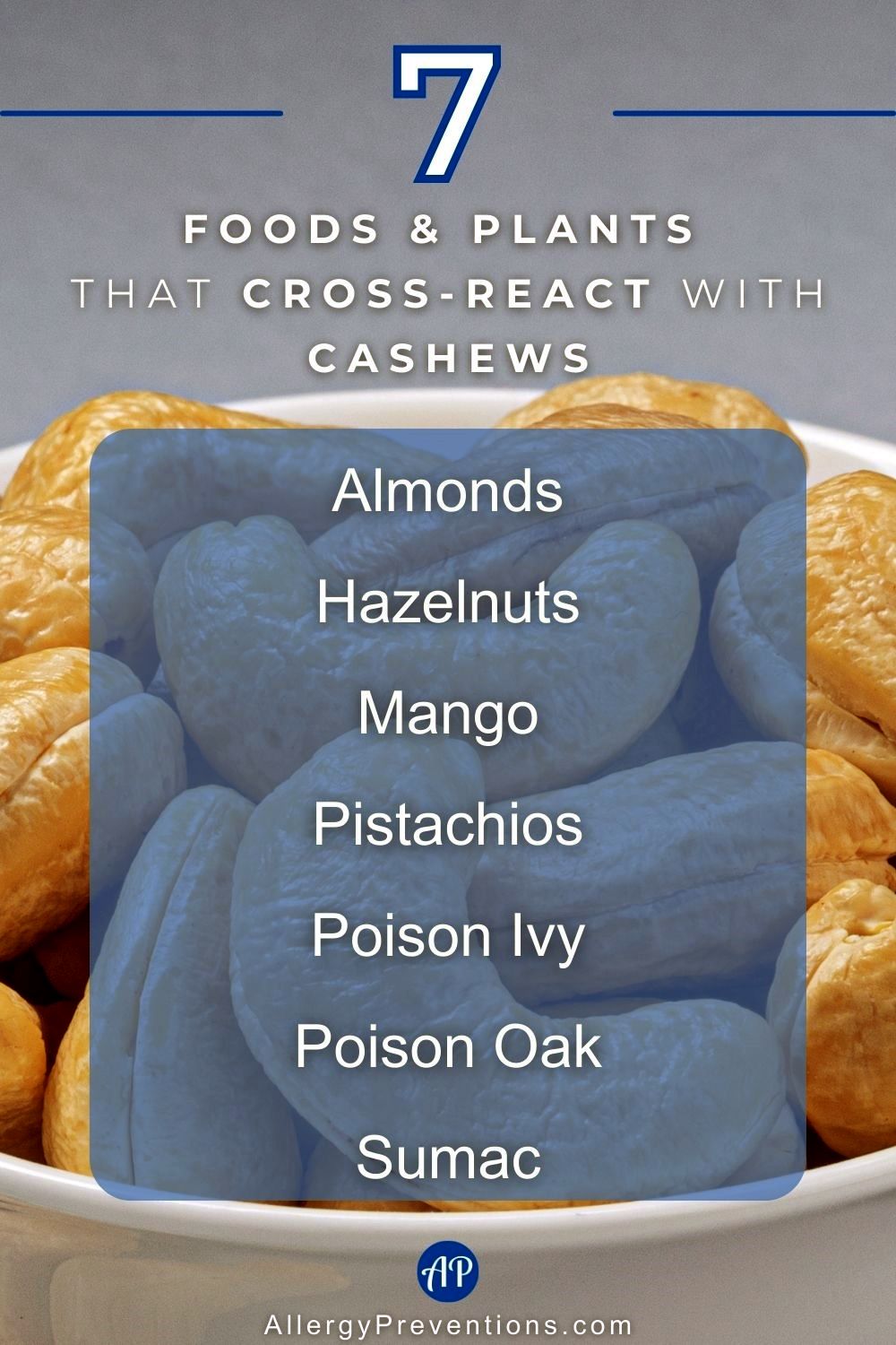 Foods and plants that cross-react with cashews infographic. With a cashew allergy, it is important to know which foods have cross-reactivity, which includes: almonds, hazelnuts, mango, pistachios, poison ivy, poison oak, and sumac.