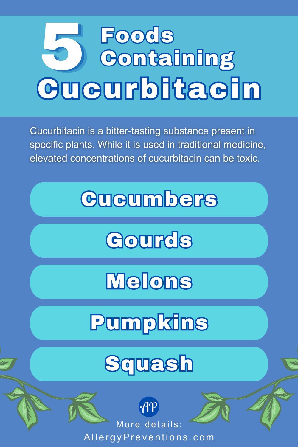 Foods containing cucurbitacin infographic. The cause of a cucumber intolerance could be from cucurbitacin. Cucurbitacin is a bitter-tasting substance present in specific plants. While it is used in traditional medicine, elevated concentrations of cucurbitacin can be toxic. Foods containing cucurbitacin are: cucumbers, gourds, melons, pumpkins, and squash.