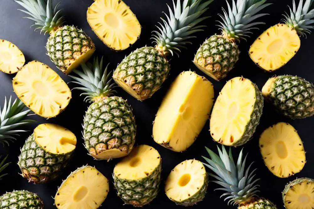 A large display of fresh pineapples. Some are cut open to show the beautiful yellow fruit.