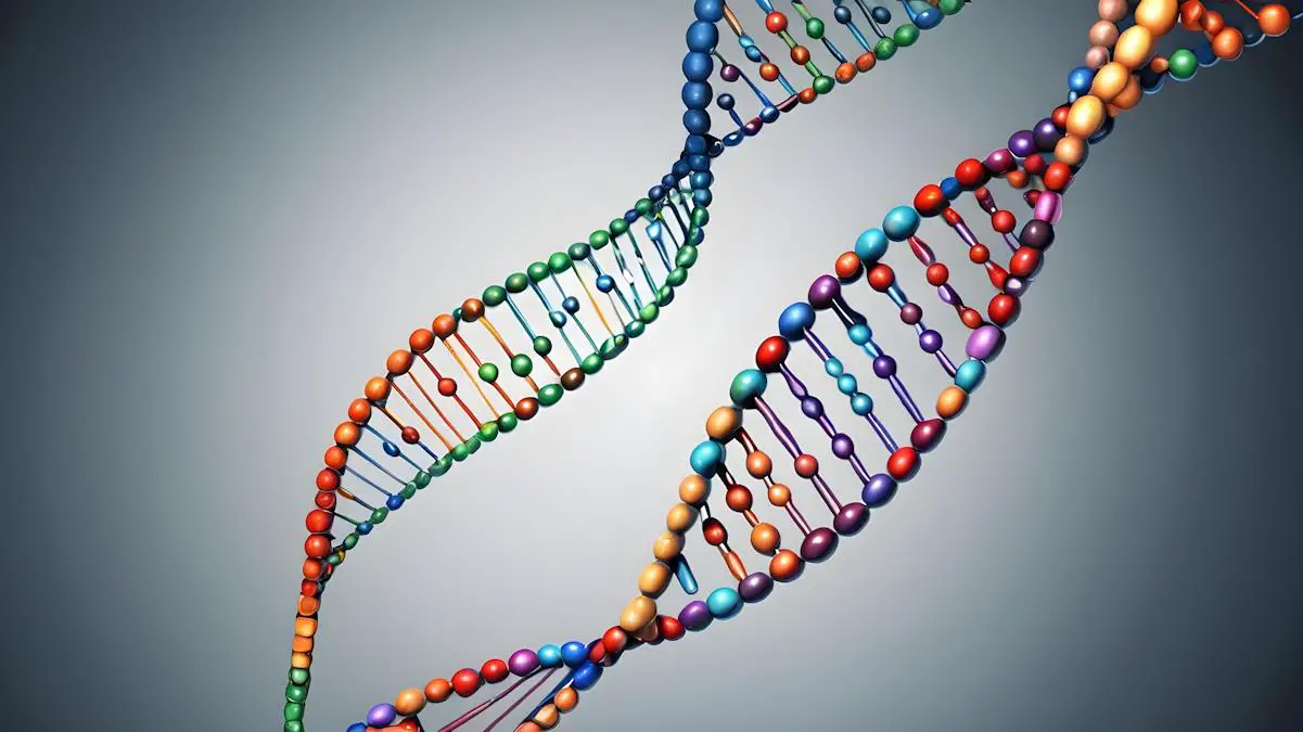 DNA double helix with multiple colors, showing genetics.