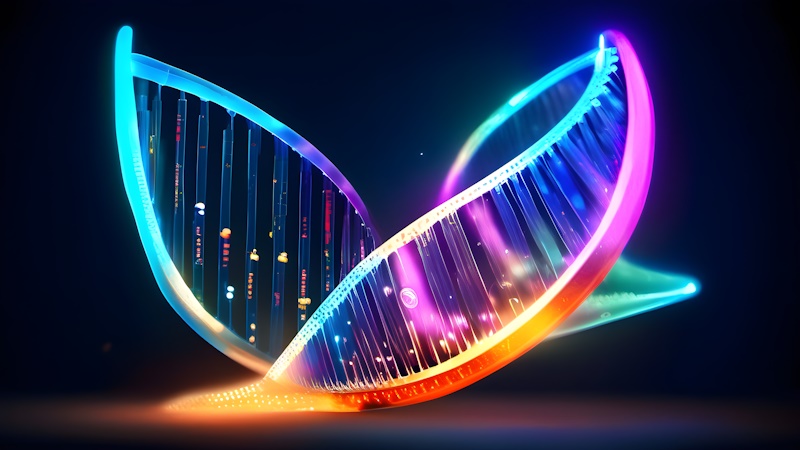 Vibrantly colored genetics strand with rna and dna.