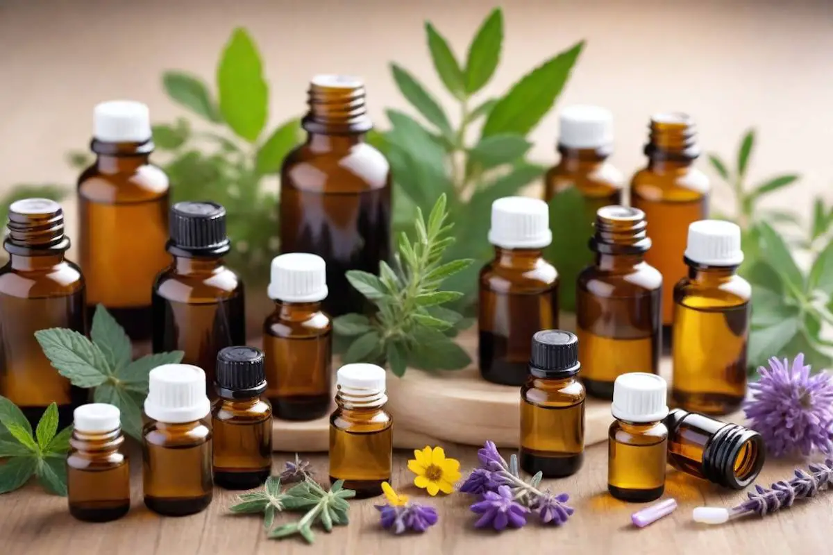 An array of herbal and essential oil bottles surrounded by herbs.
