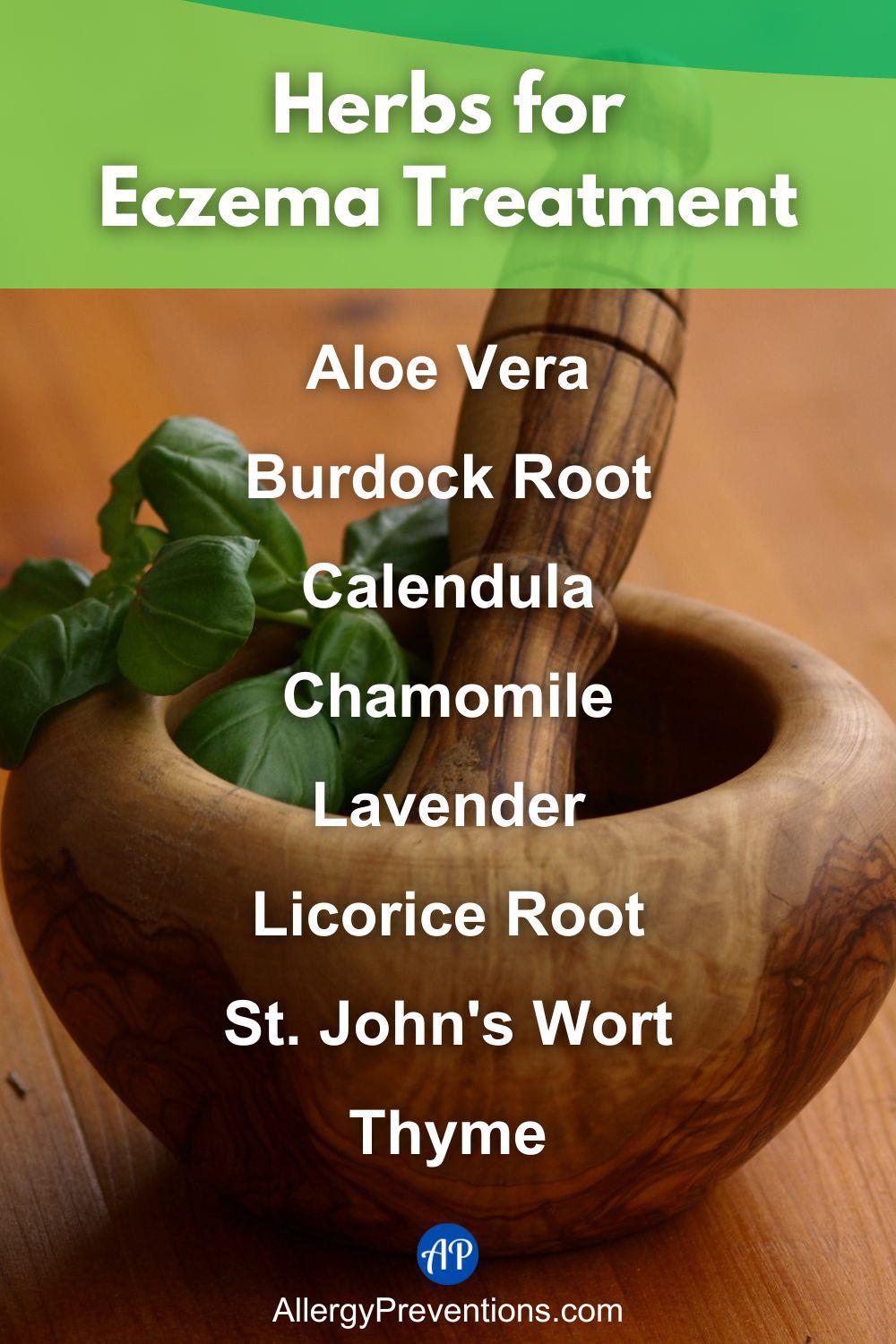 Herbs for eczema treatment infographic. The herbs that have shown to naturally complement eczema treatment are: Aloe Vera, Burdock Root, Calendula, Chamomile, Lavender, Licorice Root, St. John's Wort, and Thyme.