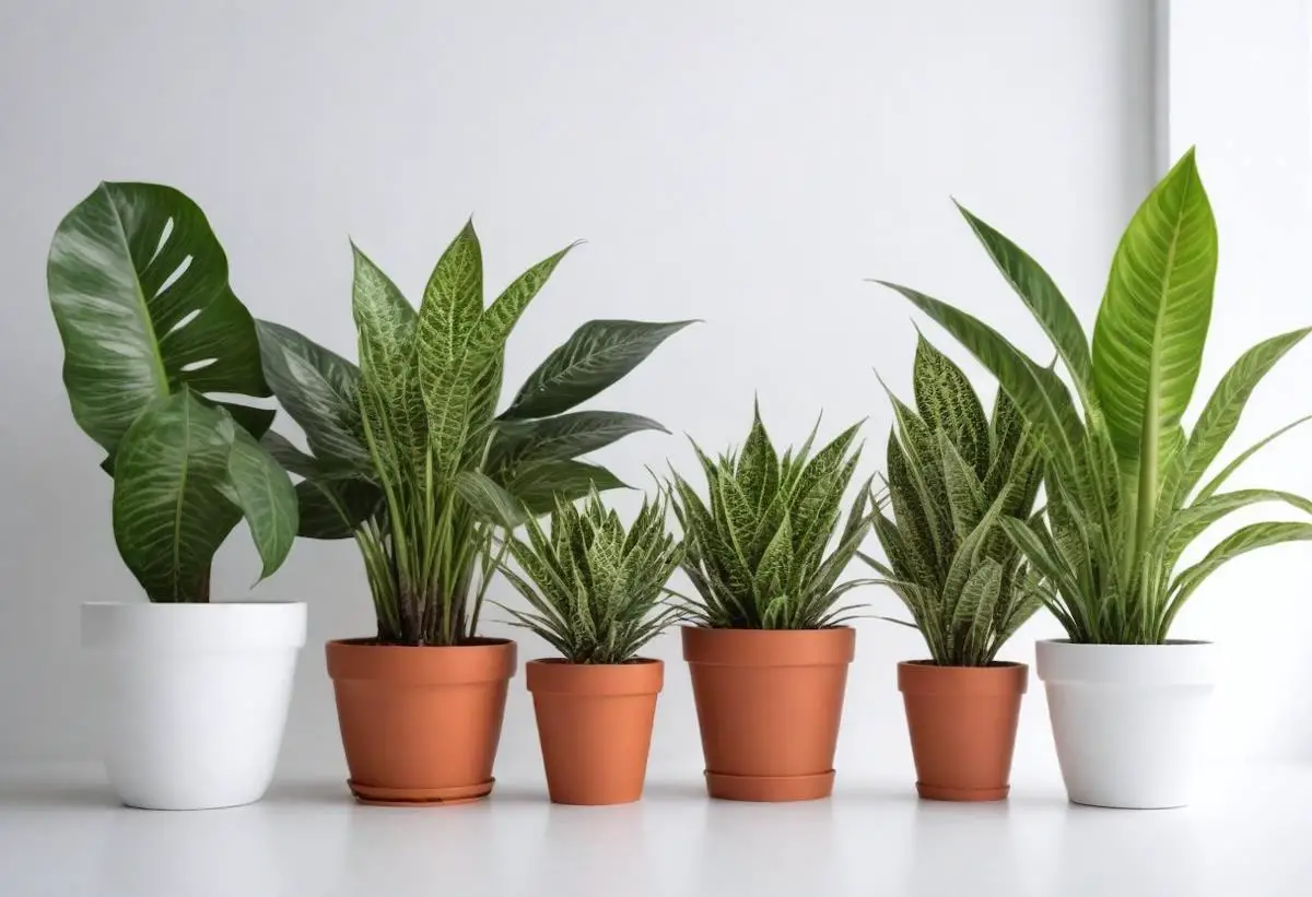 six varieties of potted indoor plants that have air purifying properties.