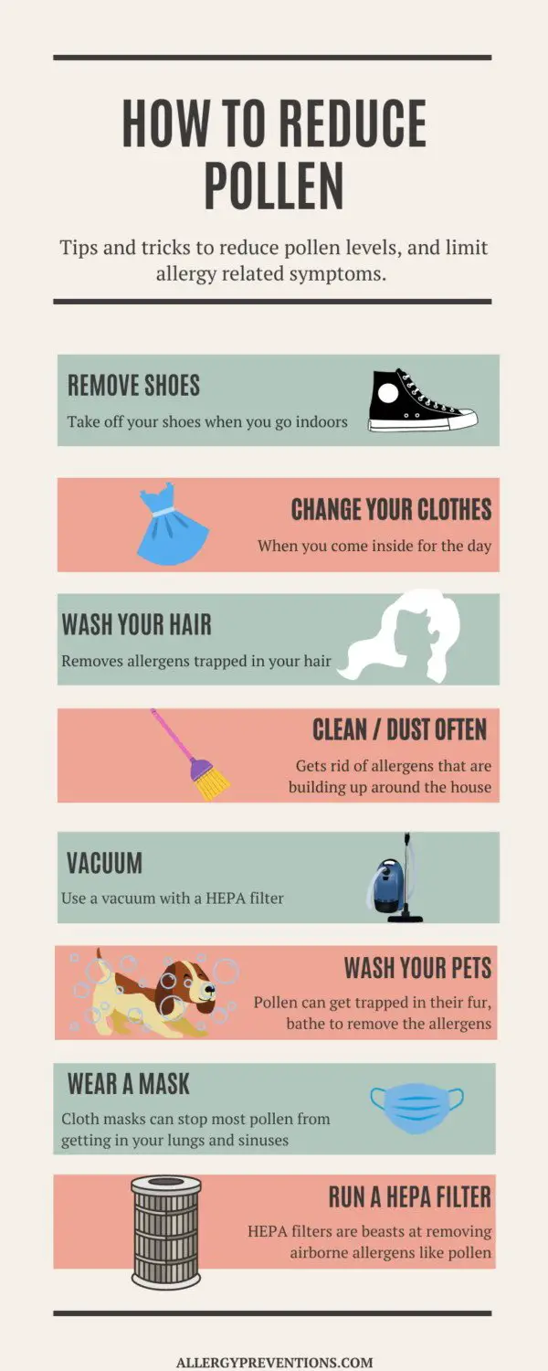how-to-reduce-pollen-infographic: remove shoes, change your clothes, wash your hair, clean/dust often, vacuum, wash your pets, wear a mask, run a HEPA filter 