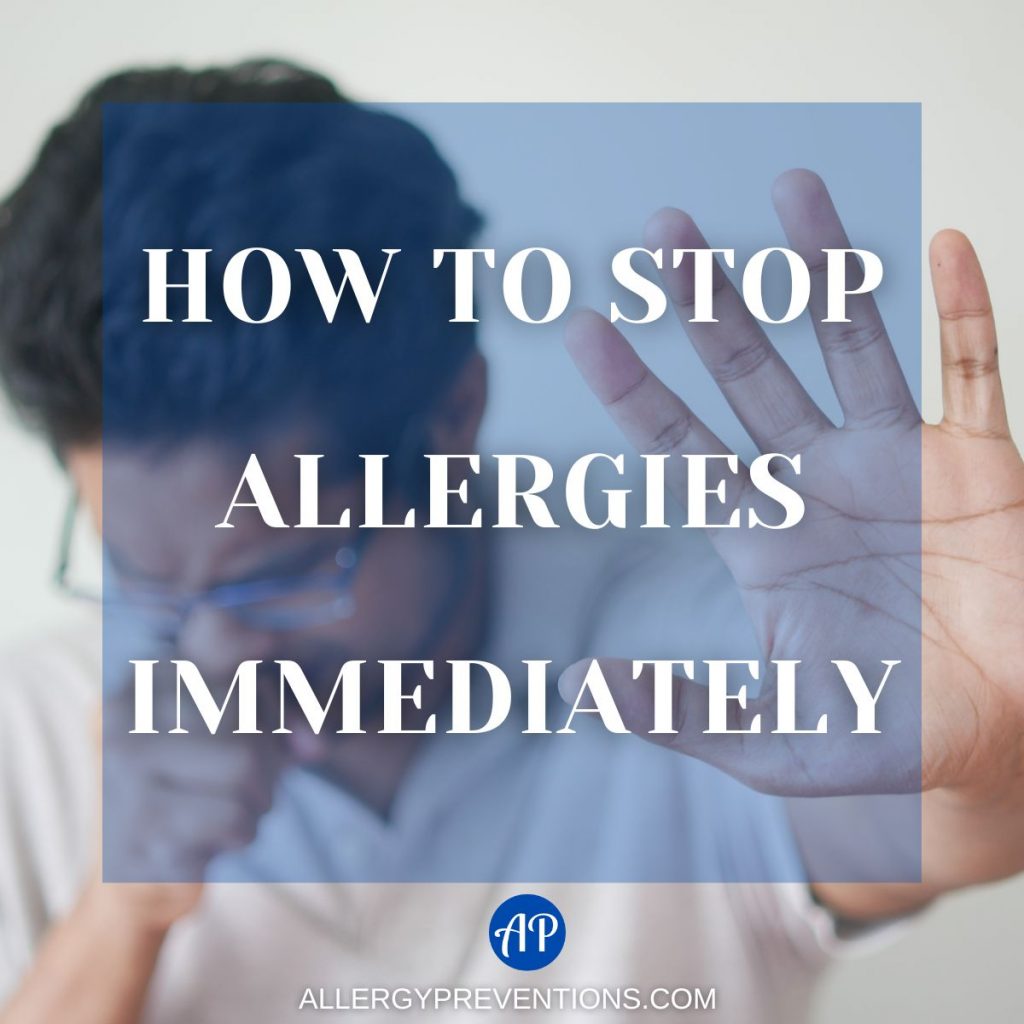 how to stop allergies immediately. Man is coughing into one hand, and holding up his other hand to signify "stop"