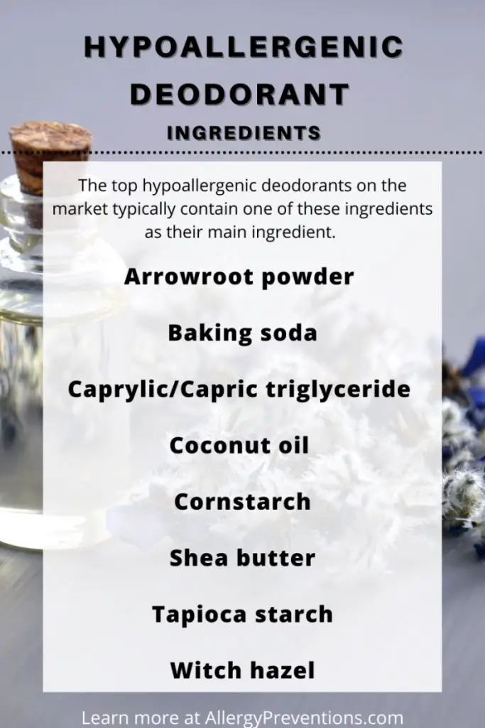 Hypoallergenic deodorant ingredients list infographic. The top hypoallergenic deodorants on the market typically contain one of these ingredients as their main ingredient. Arrowroot powder, baking soda, caprylic/capric triglyceride, coconut oil, cornstarch, shea butter, tapioca starch, witch hazel