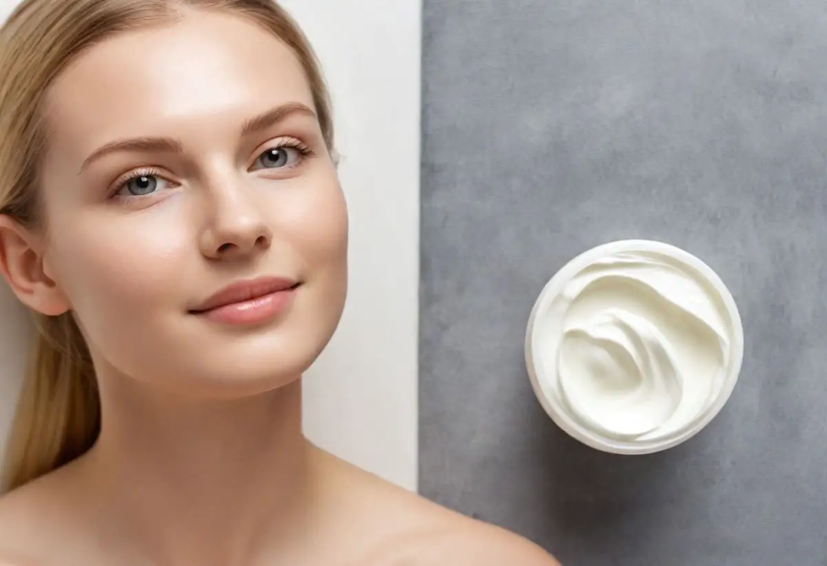 A woman with clean skin from using hypoallergenic skin care products. Next to her is a container of natural moisturizer.