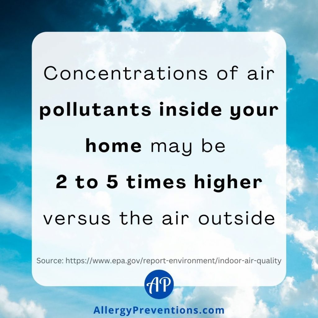 Indoor air quality infographic facts. Concentrations of air pollutants inside your home may be 
2 to 5 times higher versus the air outside. information from fda.gov