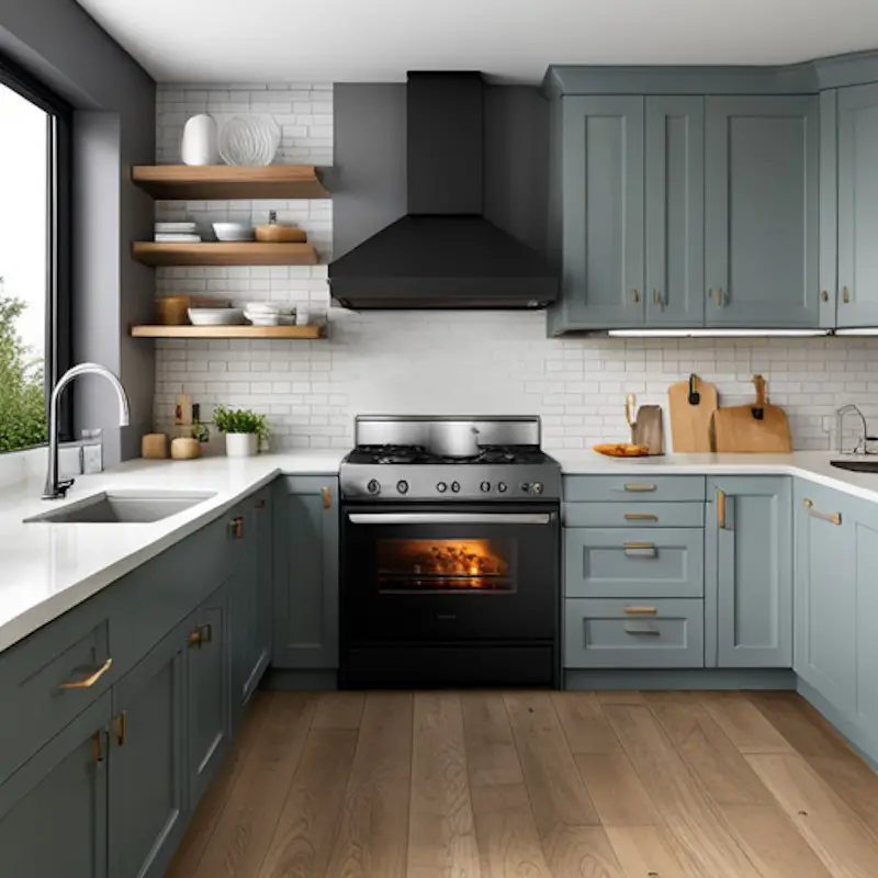 A modern kitchen with a black oven with cookies baking.