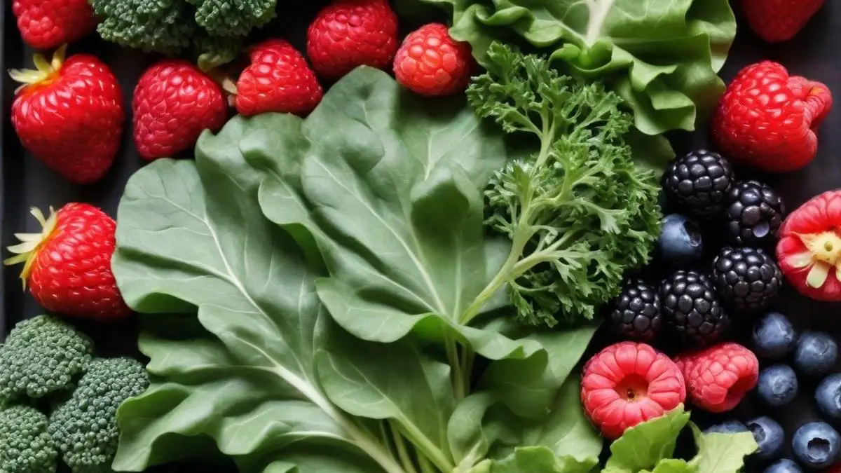 An array of dark leafy greens mixed with various berries.